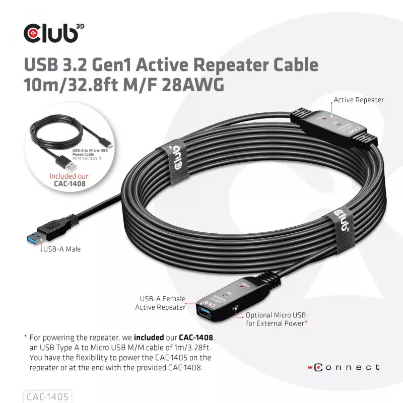 CLUB3D USB 3.2 Gen1 actieve repeater-kabel 10 m / 32.8ft M/F 28AWG