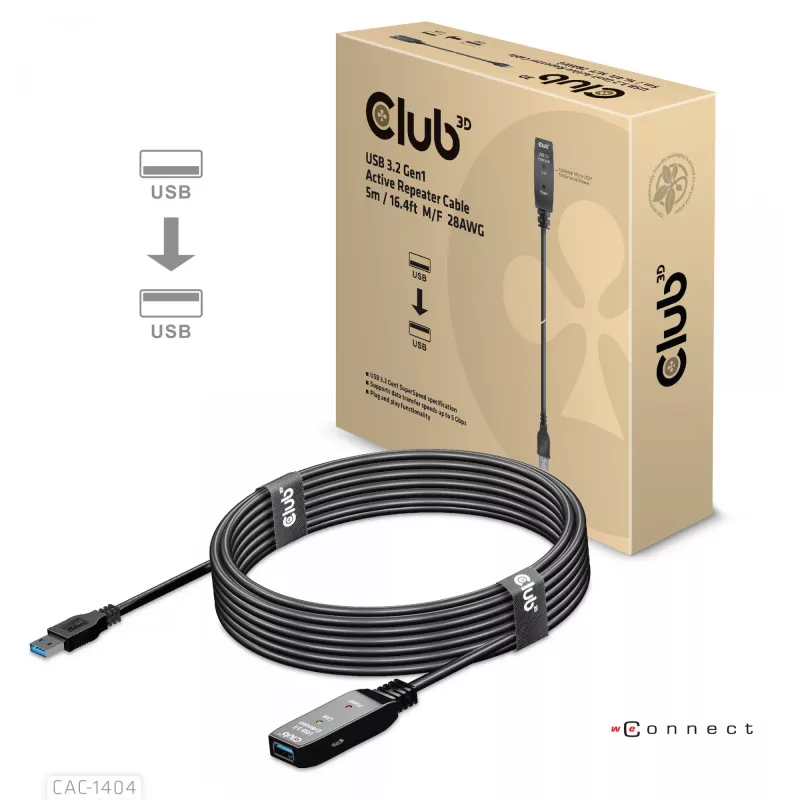 CLUB3D USB 3.2 Gen1 actieve repeater-kabel 5m/ 16.4 ft M/F 28AWG