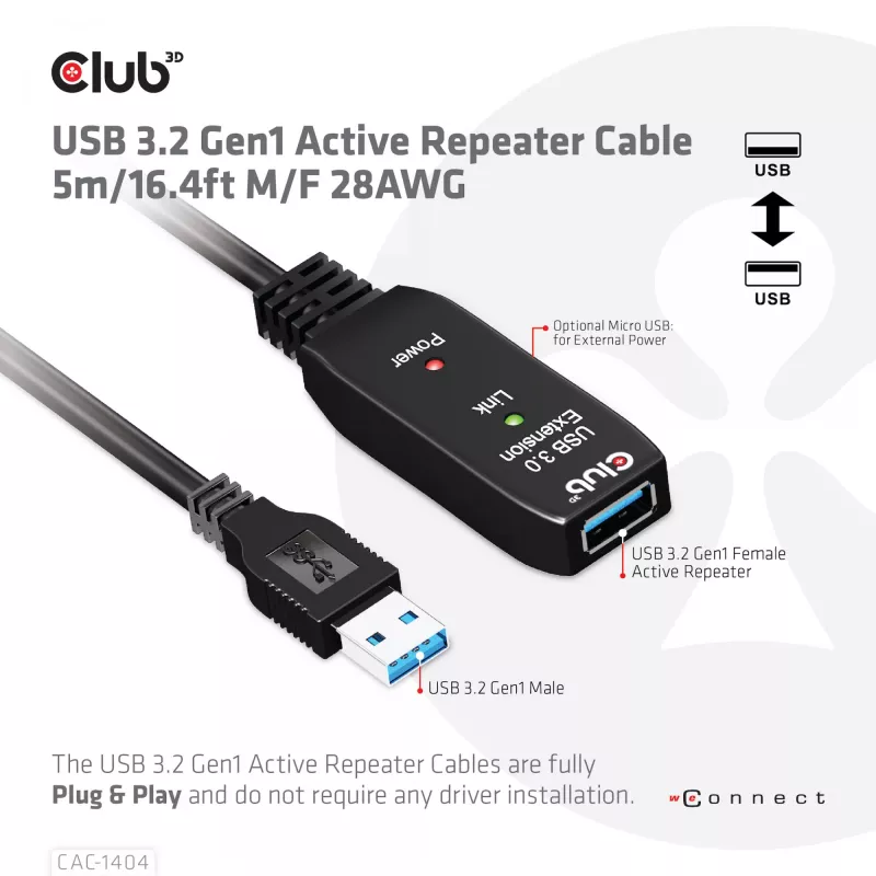 CLUB3D USB 3.2 Gen1 actieve repeater-kabel 5m/ 16.4 ft M/F 28AWG