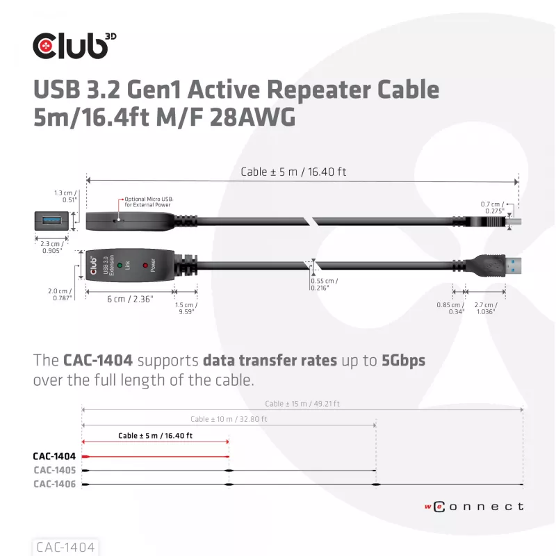 CLUB3D USB 3.2 Gen1 actieve repeater-kabel 5m/ 16.4 ft M/F 28AWG