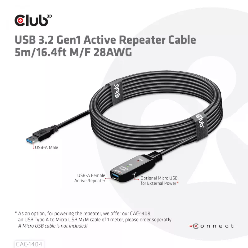CLUB3D USB 3.2 Gen1 actieve repeater-kabel 5m/ 16.4 ft M/F 28AWG