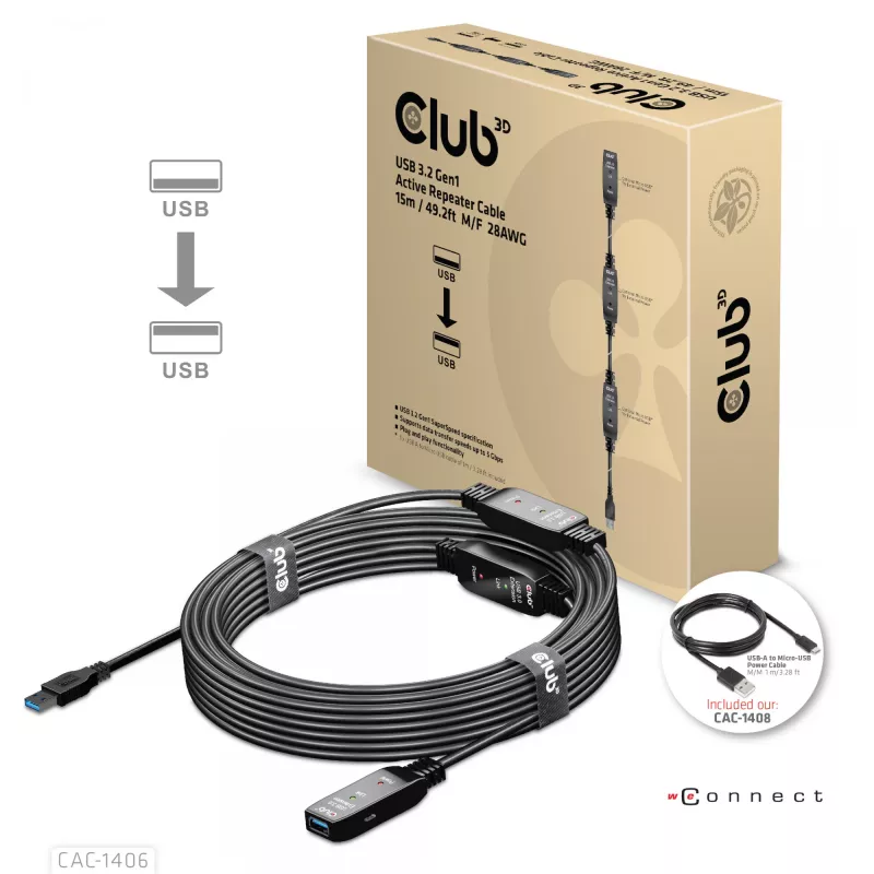 CLUB3D USB 3.2 Gen1 actieve repeater-kabel 15 m/ 49.2 ft M/F 28AWG