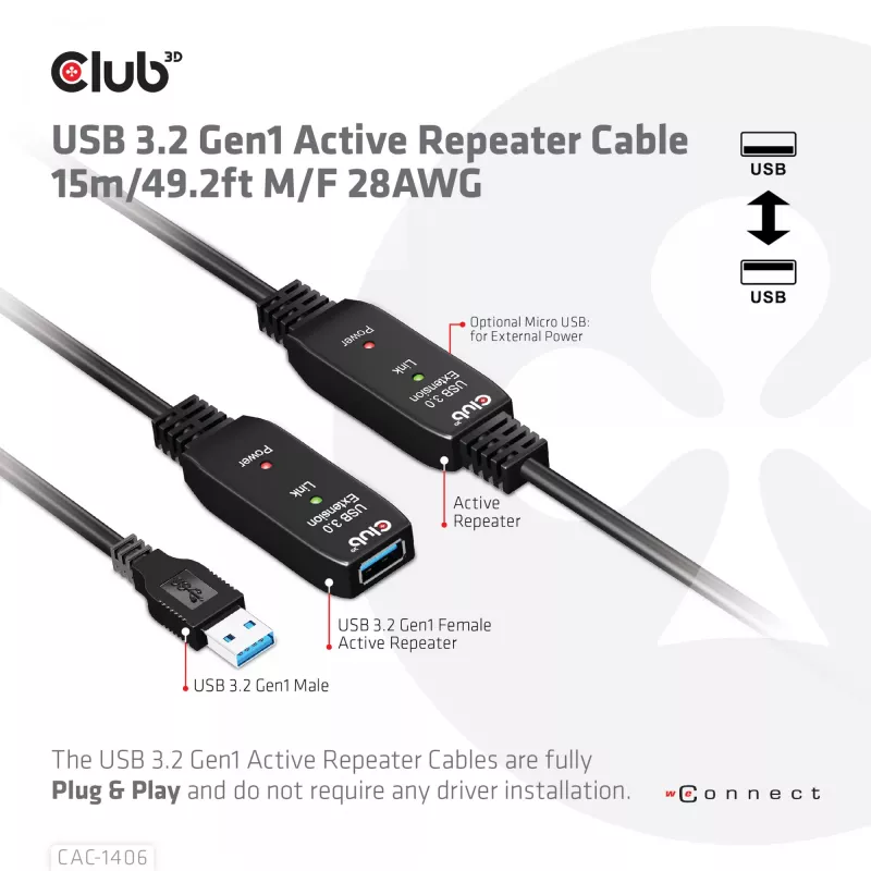 CLUB3D USB 3.2 Gen1 actieve repeater-kabel 15 m/ 49.2 ft M/F 28AWG