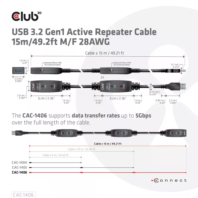 CLUB3D USB 3.2 Gen1 actieve repeater-kabel 15 m/ 49.2 ft M/F 28AWG