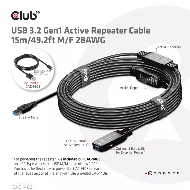 CLUB3D USB 3.2 Gen1 actieve repeater-kabel 15 m/ 49.2 ft M/F 28AWG
