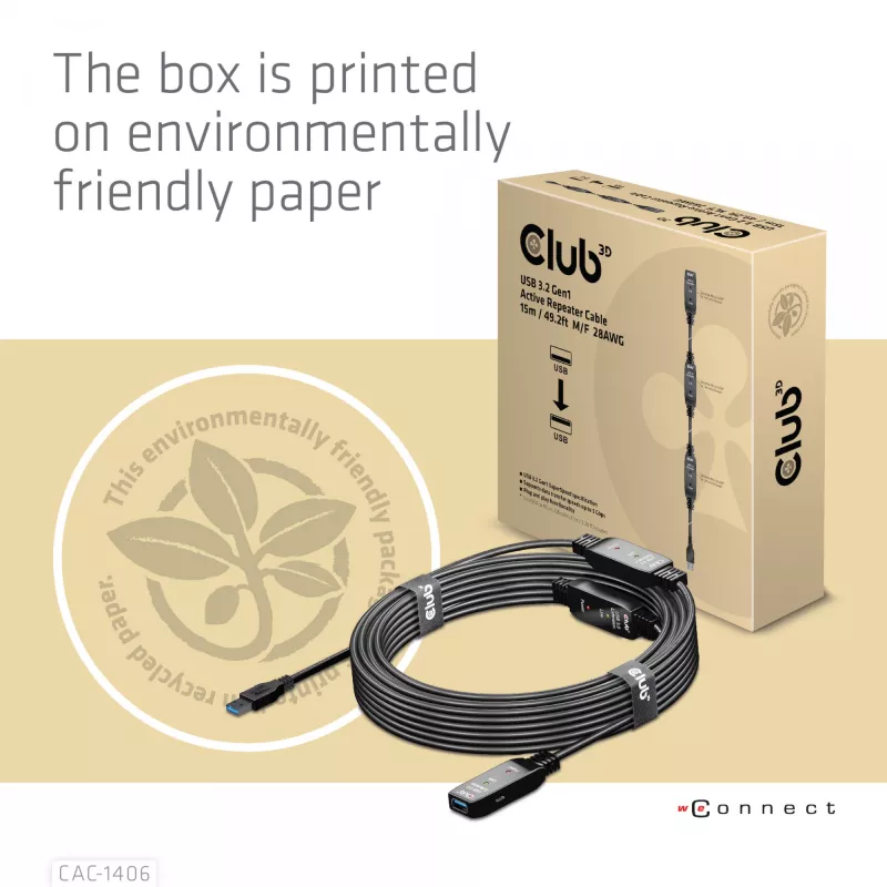 CLUB3D USB 3.2 Gen1 actieve repeater-kabel 15 m/ 49.2 ft M/F 28AWG