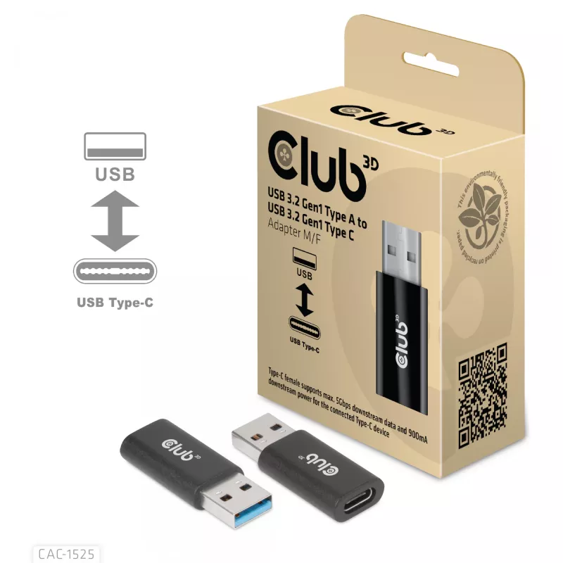 CLUB3D USB 3.2 Gen1 Type-A naar USB 3.2 Gen1 Type-C adapter M/F