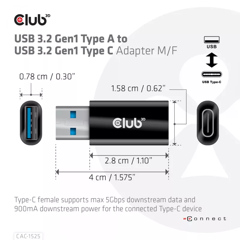 CLUB3D USB 3.2 Gen1 Type-A naar USB 3.2 Gen1 Type-C adapter M/F