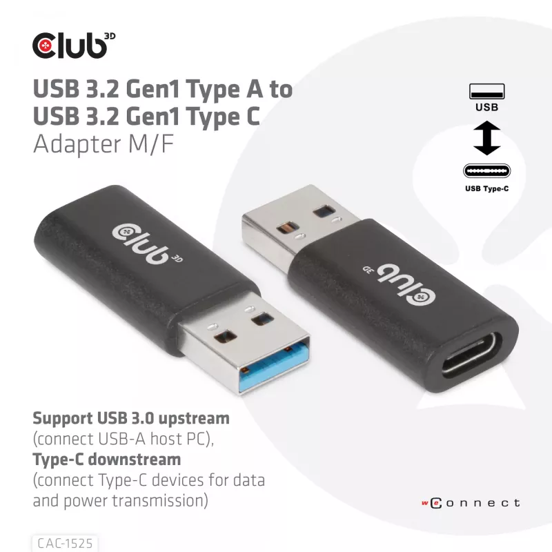 CLUB3D USB 3.2 Gen1 Type-A naar USB 3.2 Gen1 Type-C adapter M/F