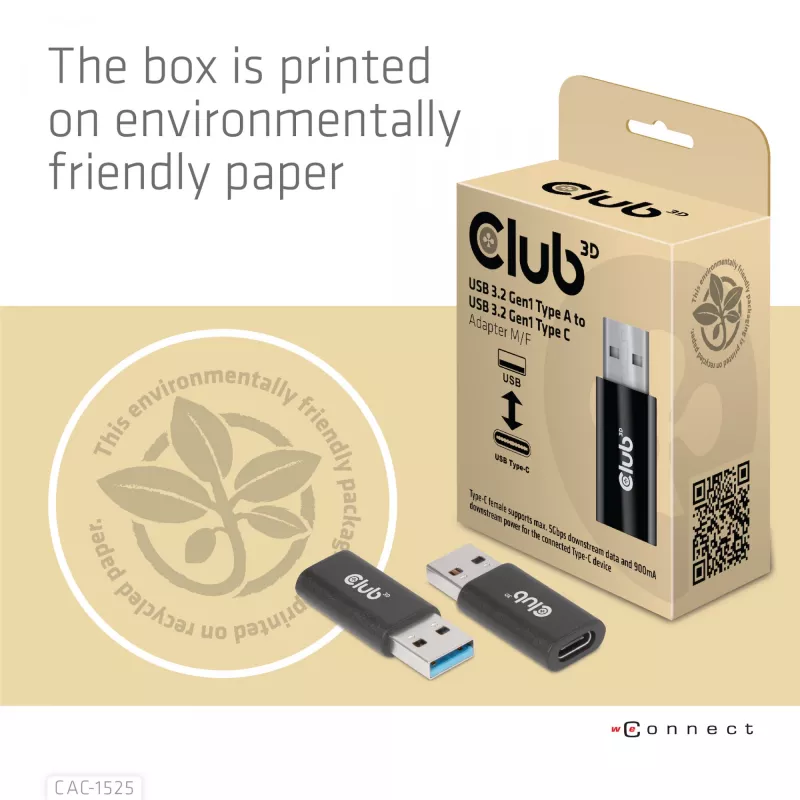 CLUB3D USB 3.2 Gen1 Type-A naar USB 3.2 Gen1 Type-C adapter M/F