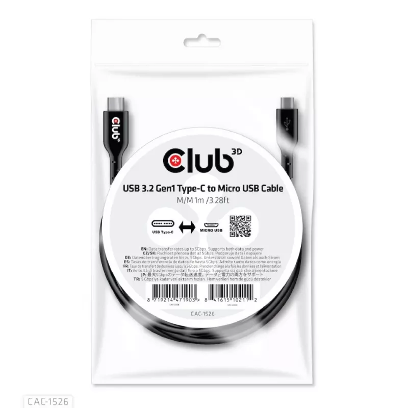 CLUB3D USB 3.2 Gen1 Type-C naar Micro-USB-kabel M/M 1 m / 3,28 ft