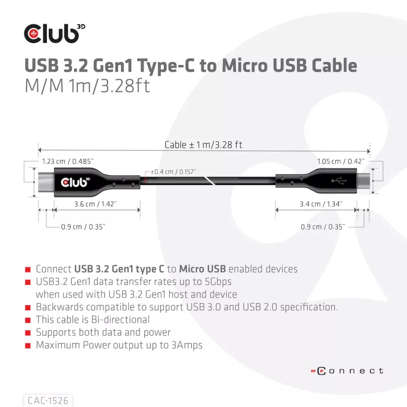 CLUB3D USB 3.2 Gen1 Type-C naar Micro-USB-kabel M/M 1 m / 3,28 ft