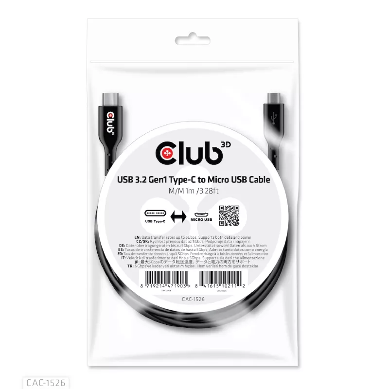 CLUB3D USB 3.2 Gen1 Type-C naar Micro-USB-kabel M/M 1 m / 3,28 ft