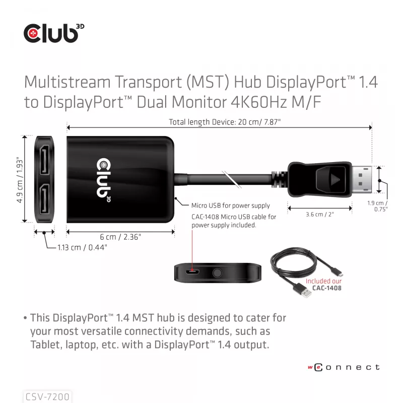 MST-hub DisplayPort 1.4 naar DisplayPort + HDMI 4K60Hz CLUB3D CSV-7220