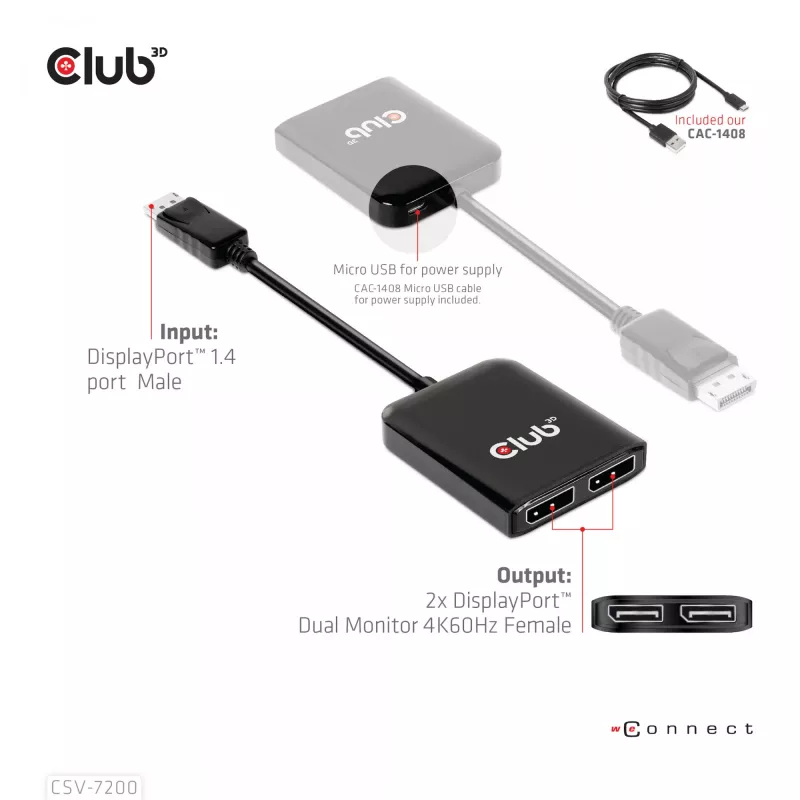 MST-hub DisplayPort 1.4 naar DisplayPort + HDMI 4K60Hz CLUB3D CSV-7220