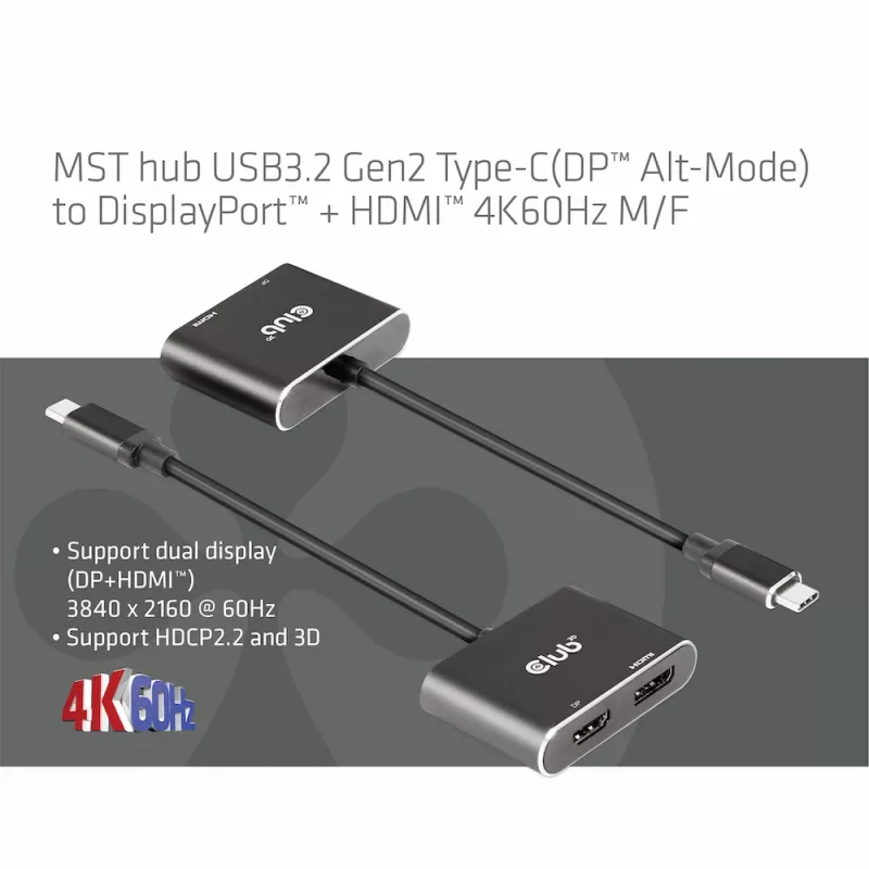 CLUB3D MST-hub USB3.2 Gen2 Type-C (DP Alt-Mode) naar DisplayPort + HDMI 4K60Hz M/F