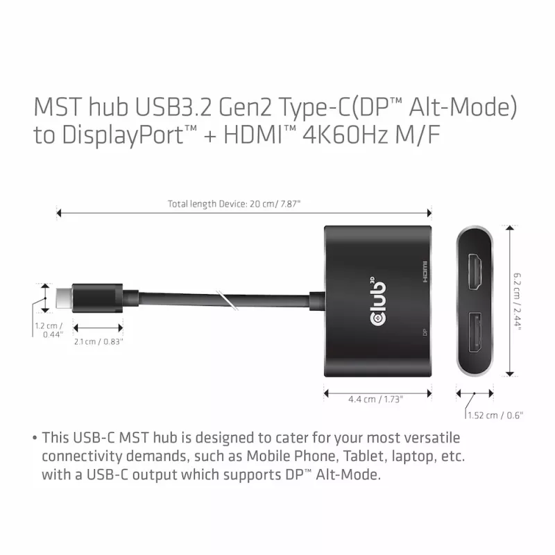 CLUB3D MST-hub USB3.2 Gen2 Type-C (DP Alt-Mode) naar DisplayPort + HDMI 4K60Hz M/F
