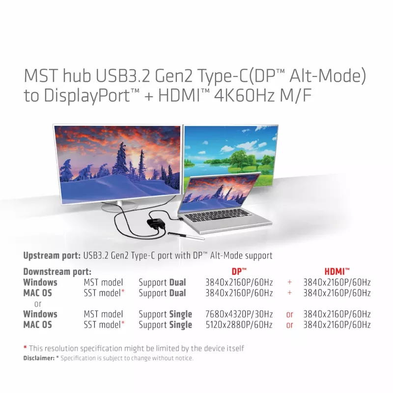 CLUB3D MST-hub USB3.2 Gen2 Type-C (DP Alt-Mode) naar DisplayPort + HDMI 4K60Hz M/F