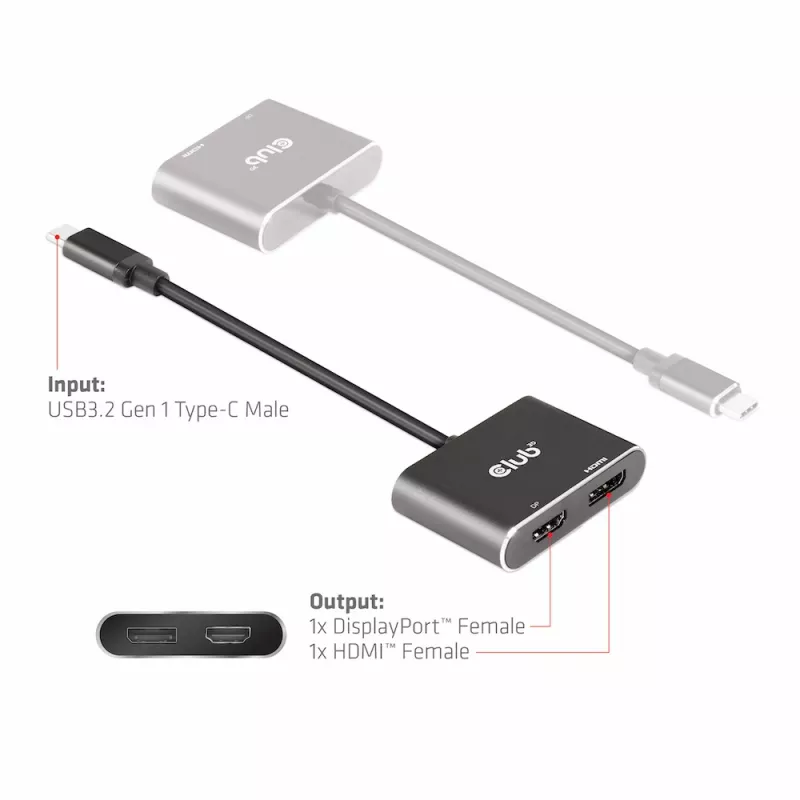 CLUB3D MST-hub USB3.2 Gen2 Type-C (DP Alt-Mode) naar DisplayPort + HDMI 4K60Hz M/F