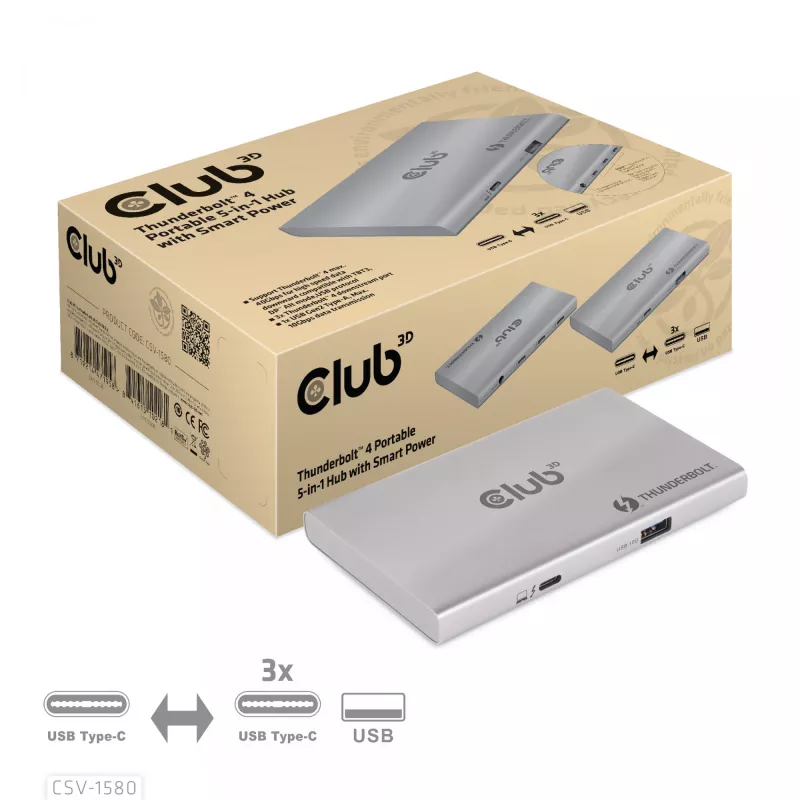 CLUB3D gecertificeerde Thunderbolt™4 draagbare 5-in-1 hub met Smart Power