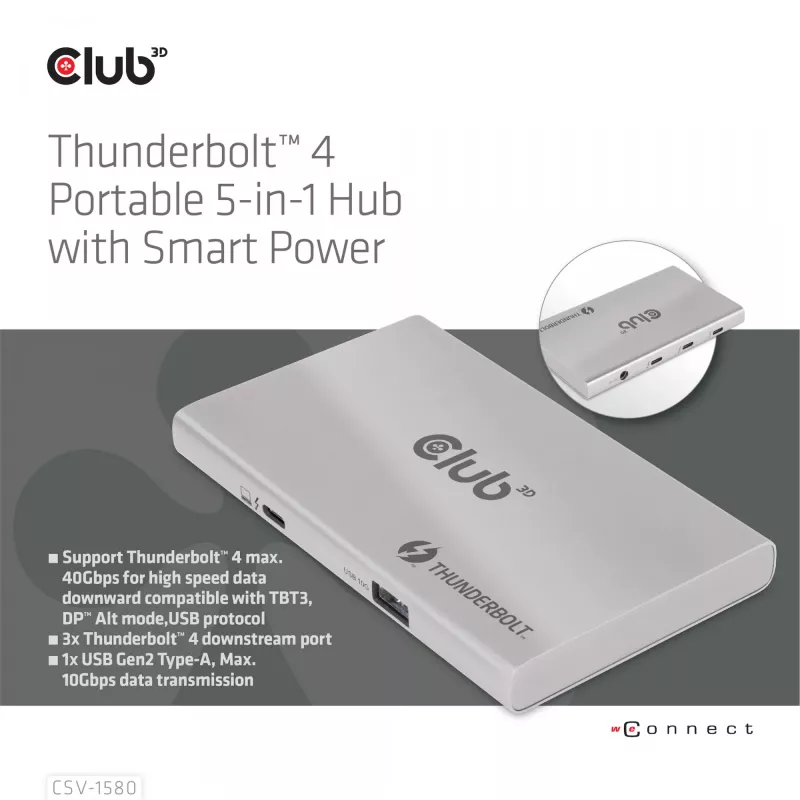 CLUB3D gecertificeerde Thunderbolt™4 draagbare 5-in-1 hub met Smart Power