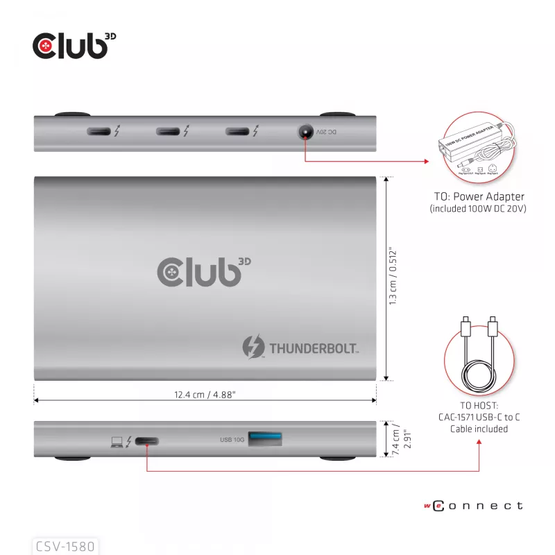 CLUB3D gecertificeerde Thunderbolt™4 draagbare 5-in-1 hub met Smart Power
