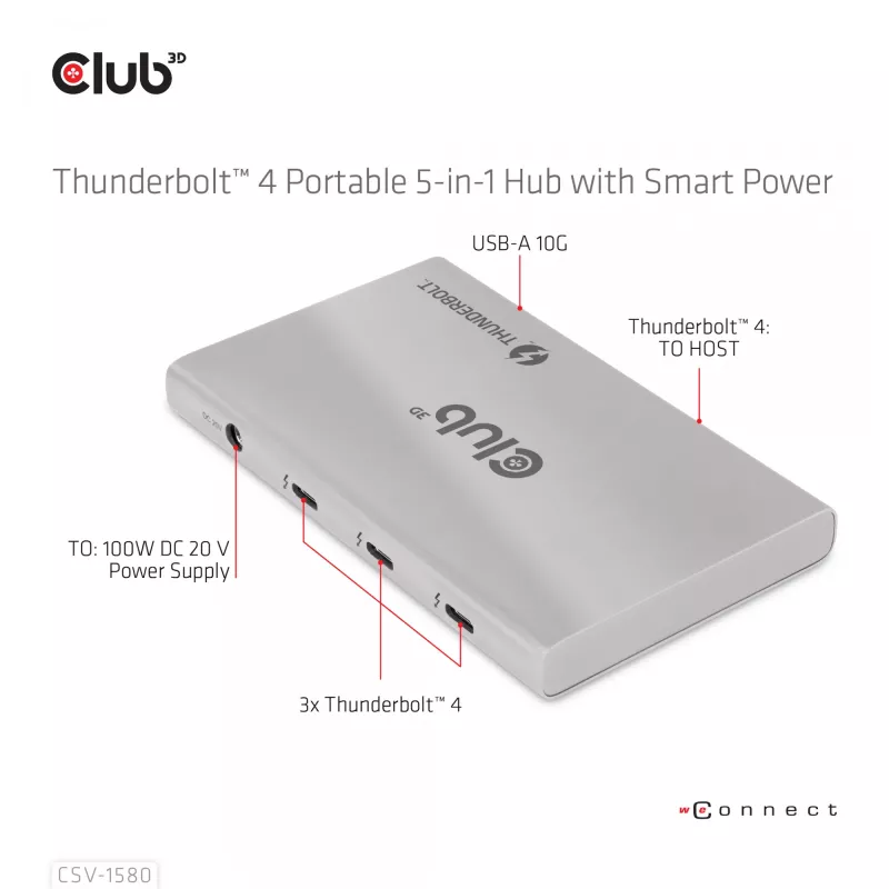 CLUB3D gecertificeerde Thunderbolt™4 draagbare 5-in-1 hub met Smart Power
