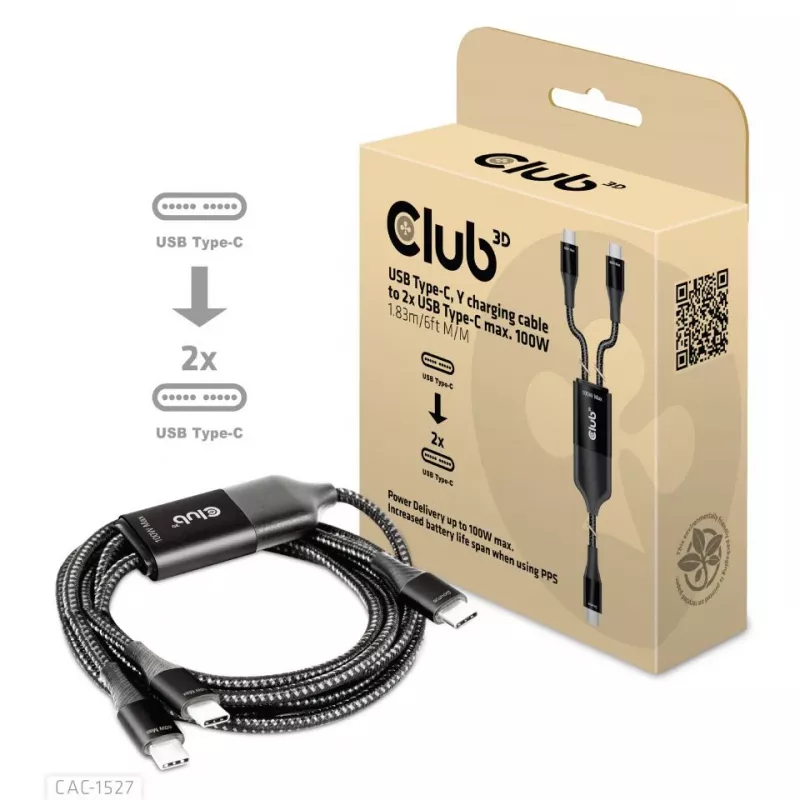 CLUB3D USB Type-C Y-oplaadkabel naar 2x USB Type-C, max. 100W, 1,83m/6ft M/M