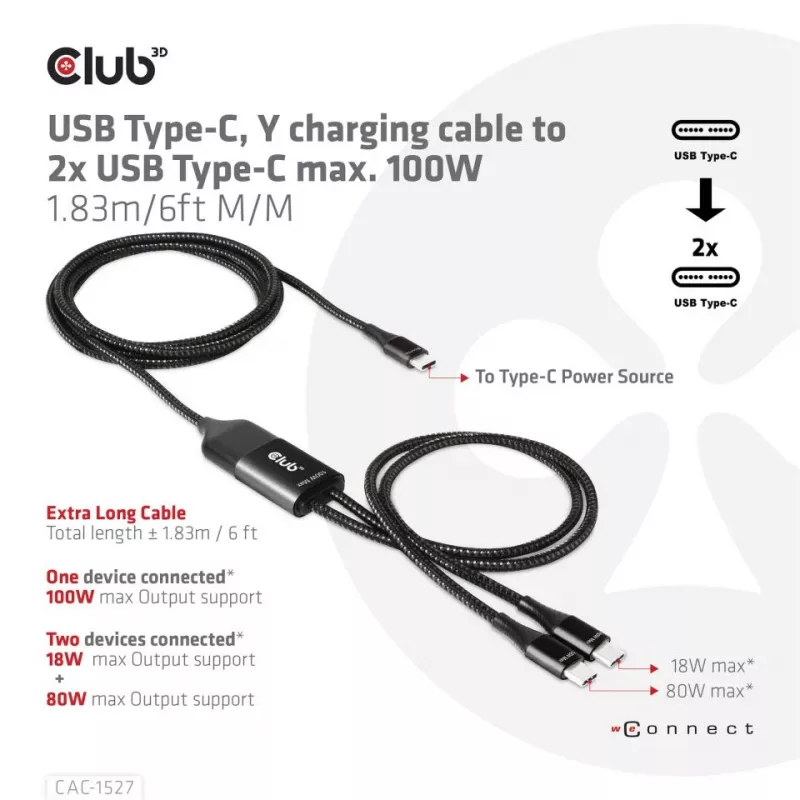 CLUB3D USB Type-C Y-oplaadkabel naar 2x USB Type-C, max. 100W, 1,83m/6ft M/M