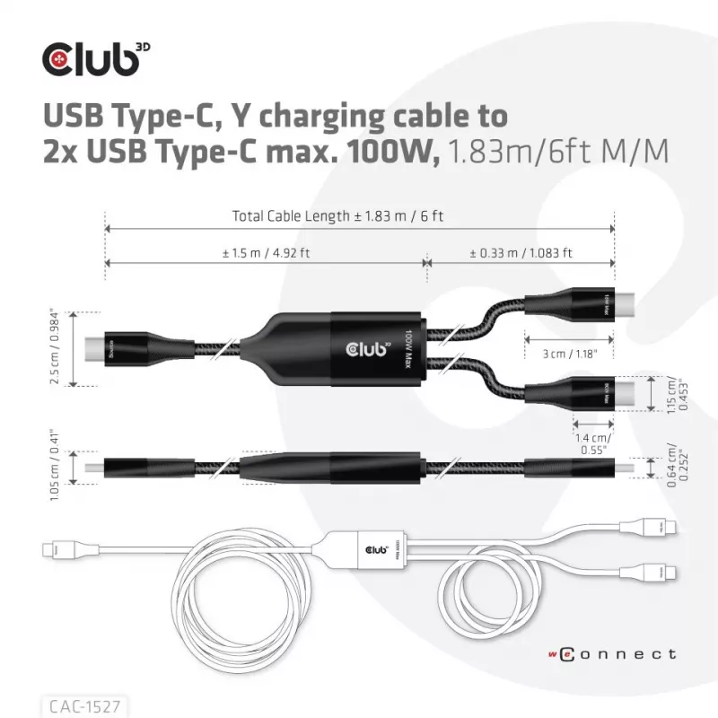 CLUB3D USB Type-C Y-oplaadkabel naar 2x USB Type-C, max. 100W, 1,83m/6ft M/M
