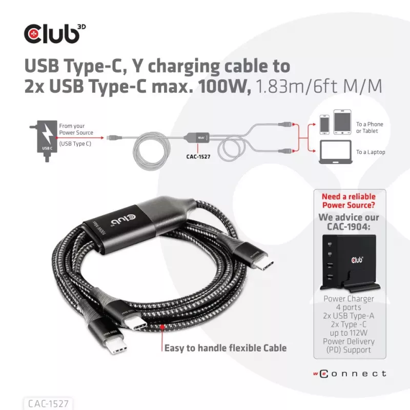 CLUB3D USB Type-C Y-oplaadkabel naar 2x USB Type-C, max. 100W, 1,83m/6ft M/M