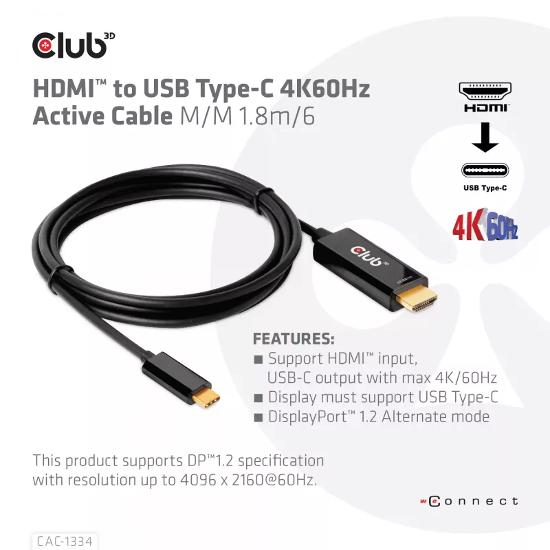 CLUB3D HDMI naar USB Type-C 4K60Hz actieve kabel M/M 1,8 m/6 ft