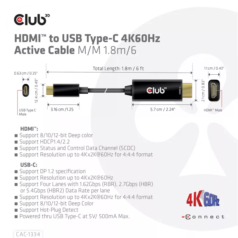 CLUB3D HDMI naar USB Type-C 4K60Hz actieve kabel M/M 1,8 m/6 ft