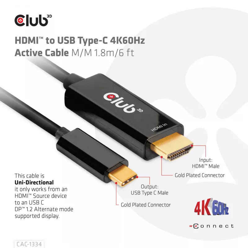 CLUB3D HDMI naar USB Type-C 4K60Hz actieve kabel M/M 1,8 m/6 ft