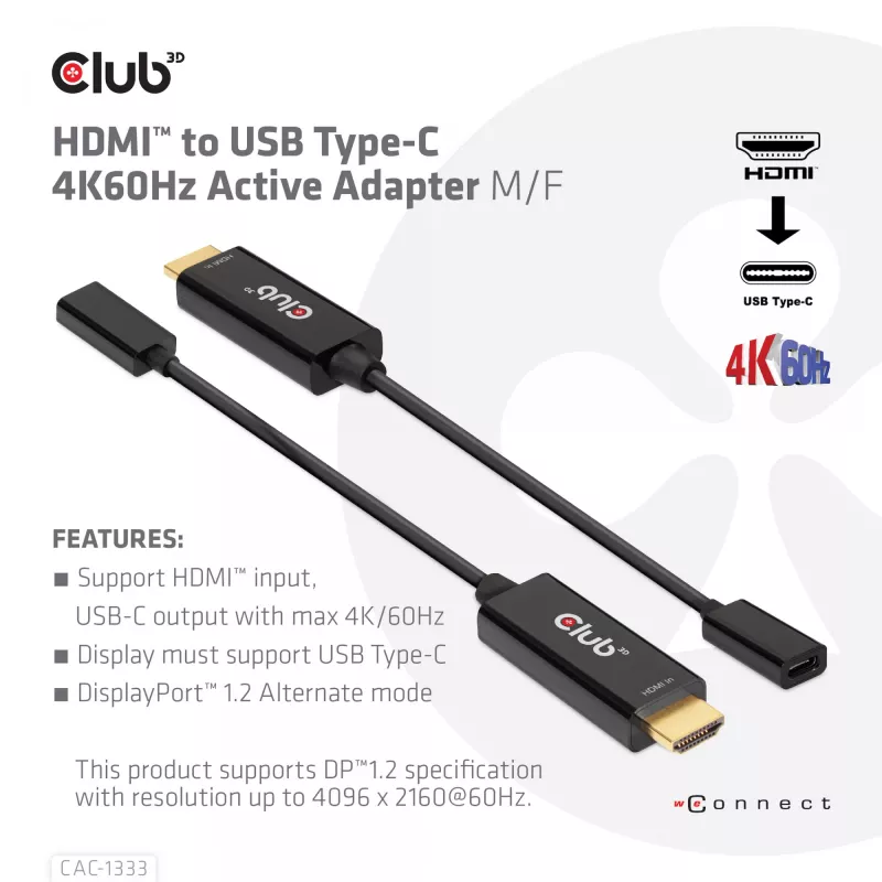 CLUB3D HDMI naar USB Type-C actieve adapter 4K60Hz M/F