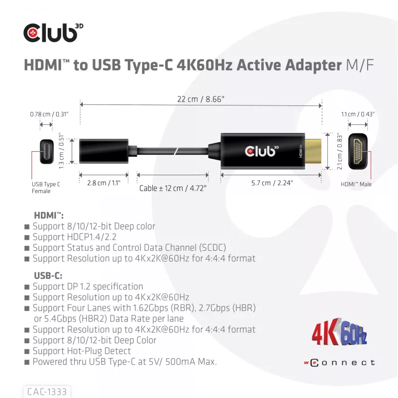 CLUB3D HDMI naar USB Type-C actieve adapter 4K60Hz M/F
