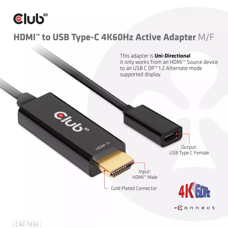 CLUB3D HDMI naar USB Type-C actieve adapter 4K60Hz M/F