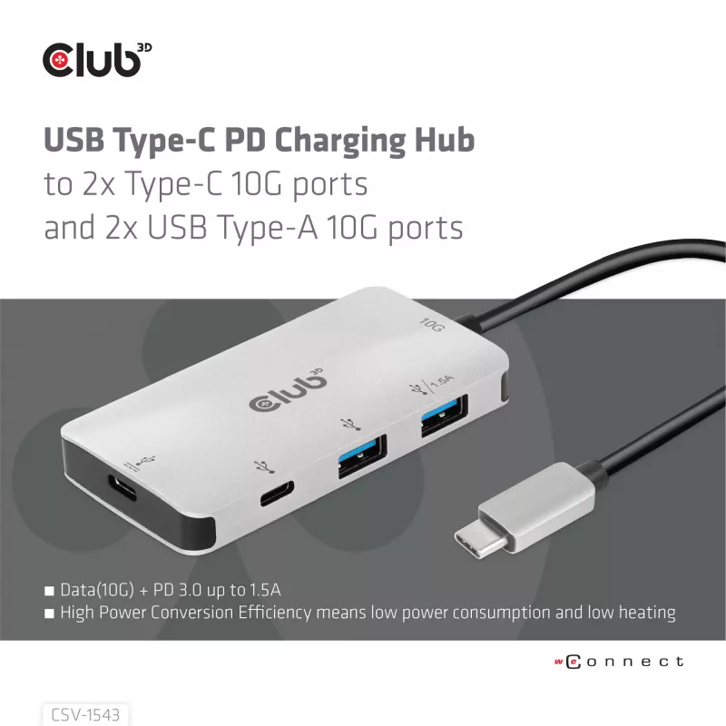 CLUB3D USB Gen2 Type-C PD-laadhub naar 2x Type-C 10G-poorten en 2x USB Type-A 10G-poorten