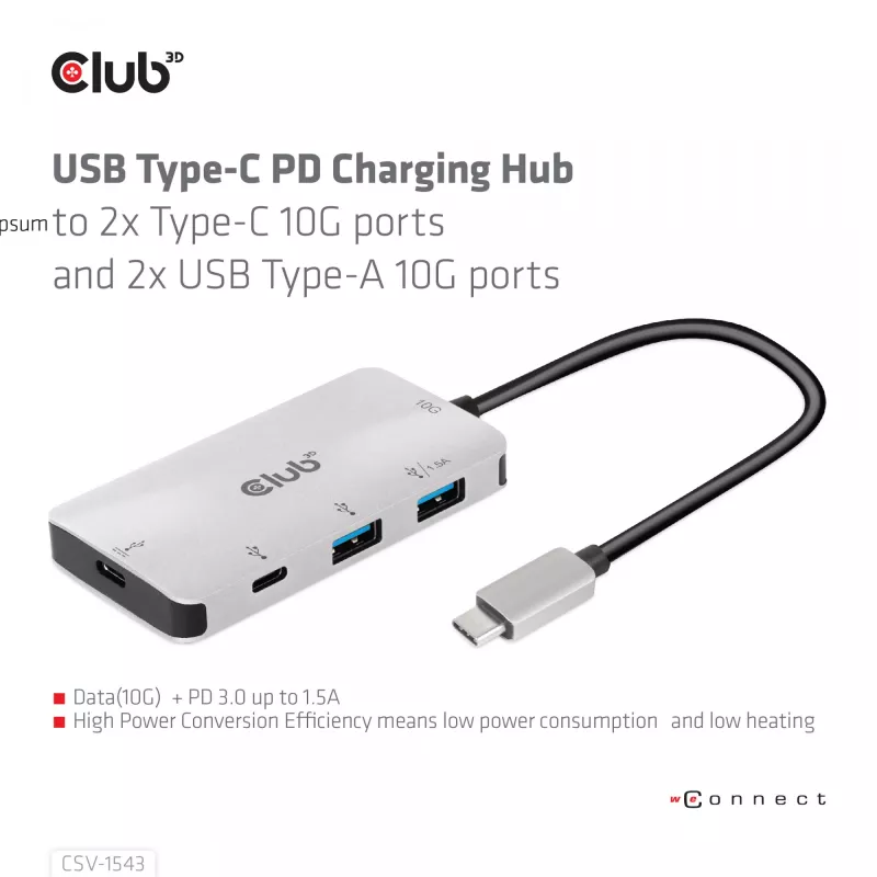 CLUB3D USB Gen2 Type-C PD-laadhub naar 2x Type-C 10G-poorten en 2x USB Type-A 10G-poorten