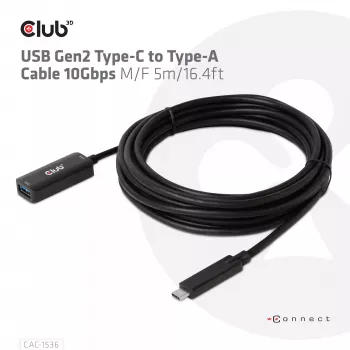 CLUB3D USB Gen2 Type-C-naar-Type-A-kabel 10Gbps M/F 5m/16.4ft