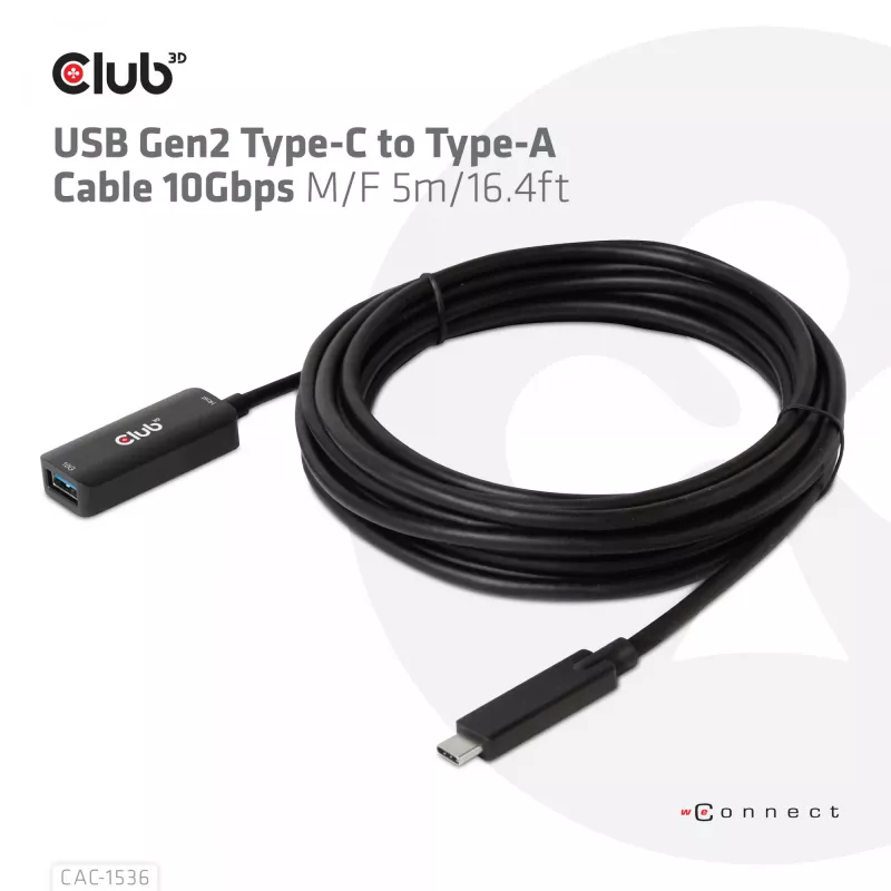 Club 3D CAC-1536 USB 3.2 Gen2 Type-C naar Type-A verlengkabel, 10 Gbps, male/female, 5 m, zwart