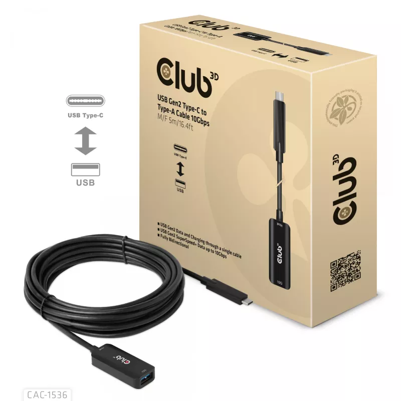 Club 3D CAC-1536 USB 3.2 Gen2 Type-C naar Type-A verlengkabel, 10 Gbps, male/female, 5 m, zwart