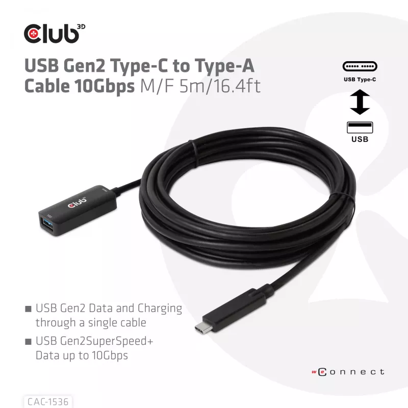 Club 3D CAC-1536 USB 3.2 Gen2 Type-C naar Type-A verlengkabel, 10 Gbps, male/female, 5 m, zwart