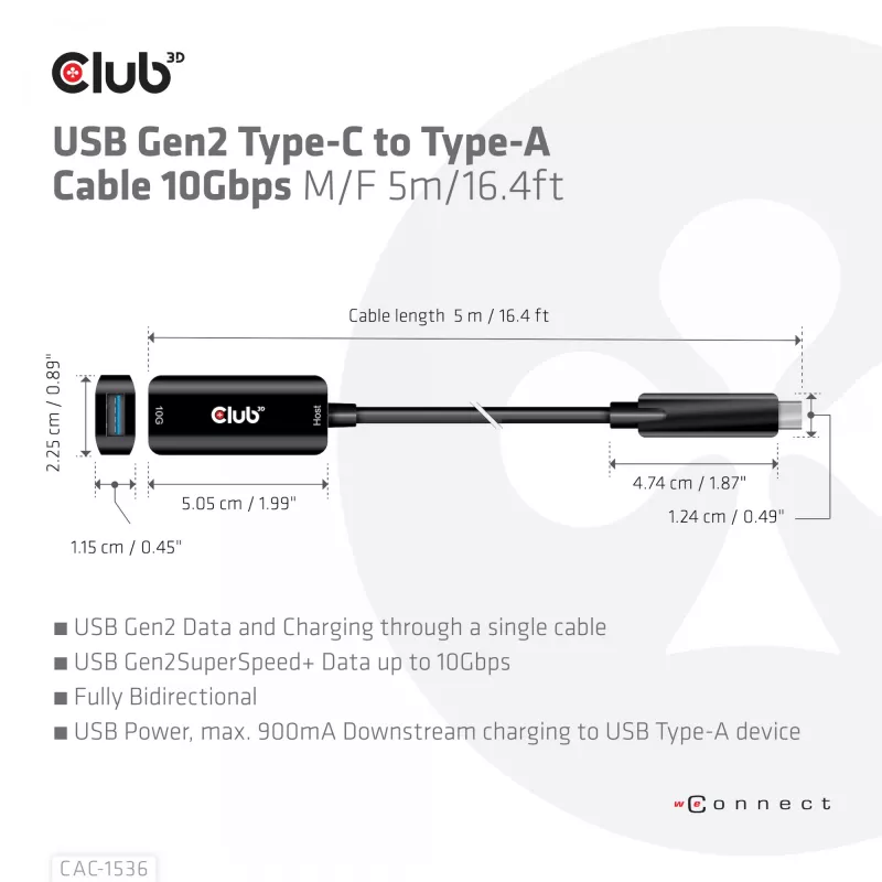 Club 3D CAC-1536 USB 3.2 Gen2 Type-C naar Type-A verlengkabel, 10 Gbps, male/female, 5 m, zwart