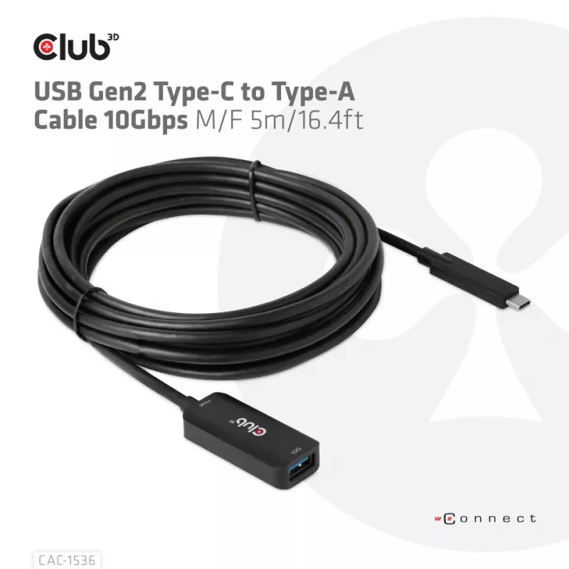 Club 3D CAC-1536 USB 3.2 Gen2 Type-C naar Type-A verlengkabel, 10 Gbps, male/female, 5 m, zwart