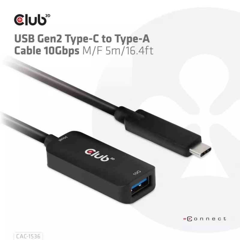 Club 3D CAC-1536 USB 3.2 Gen2 Type-C naar Type-A verlengkabel, 10 Gbps, male/female, 5 m, zwart