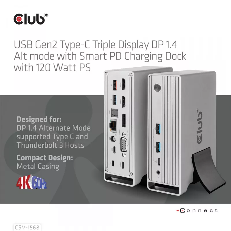 Dockingstation CLUB3D CSV-1568 metalen behuizing USB Gen2 Type-C USB Gen2 Type-A HDMI DP VGA RJ45 120W