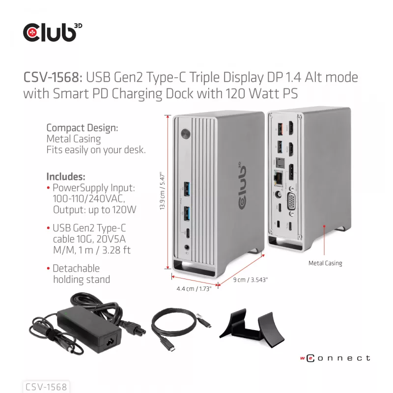 Dockingstation CLUB3D CSV-1568 metalen behuizing USB Gen2 Type-C USB Gen2 Type-A HDMI DP VGA RJ45 120W