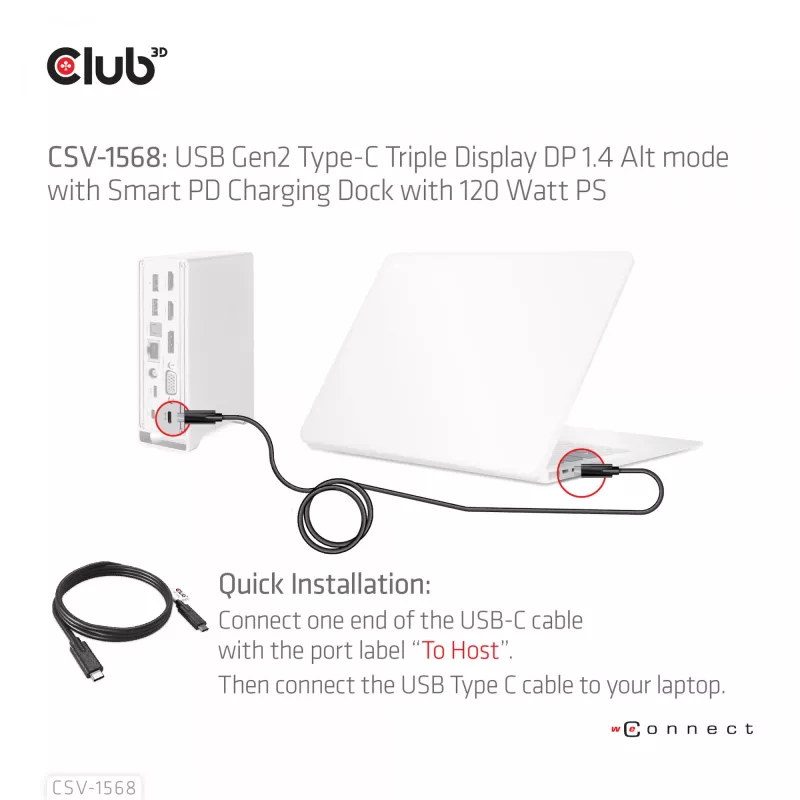 Dockingstation CLUB3D CSV-1568 metalen behuizing USB Gen2 Type-C USB Gen2 Type-A HDMI DP VGA RJ45 120W