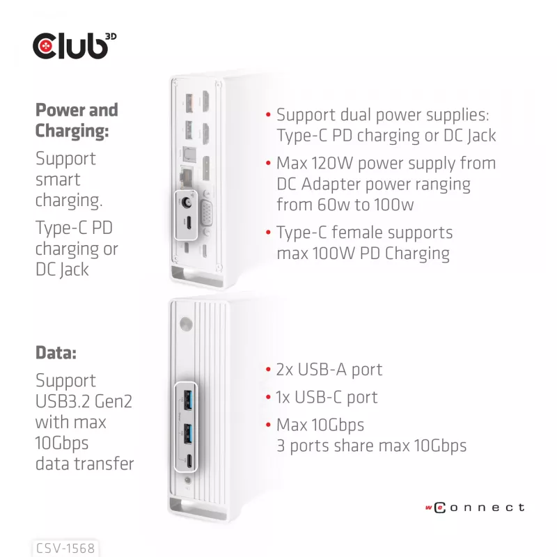 Dockingstation CLUB3D CSV-1568 metalen behuizing USB Gen2 Type-C USB Gen2 Type-A HDMI DP VGA RJ45 120W